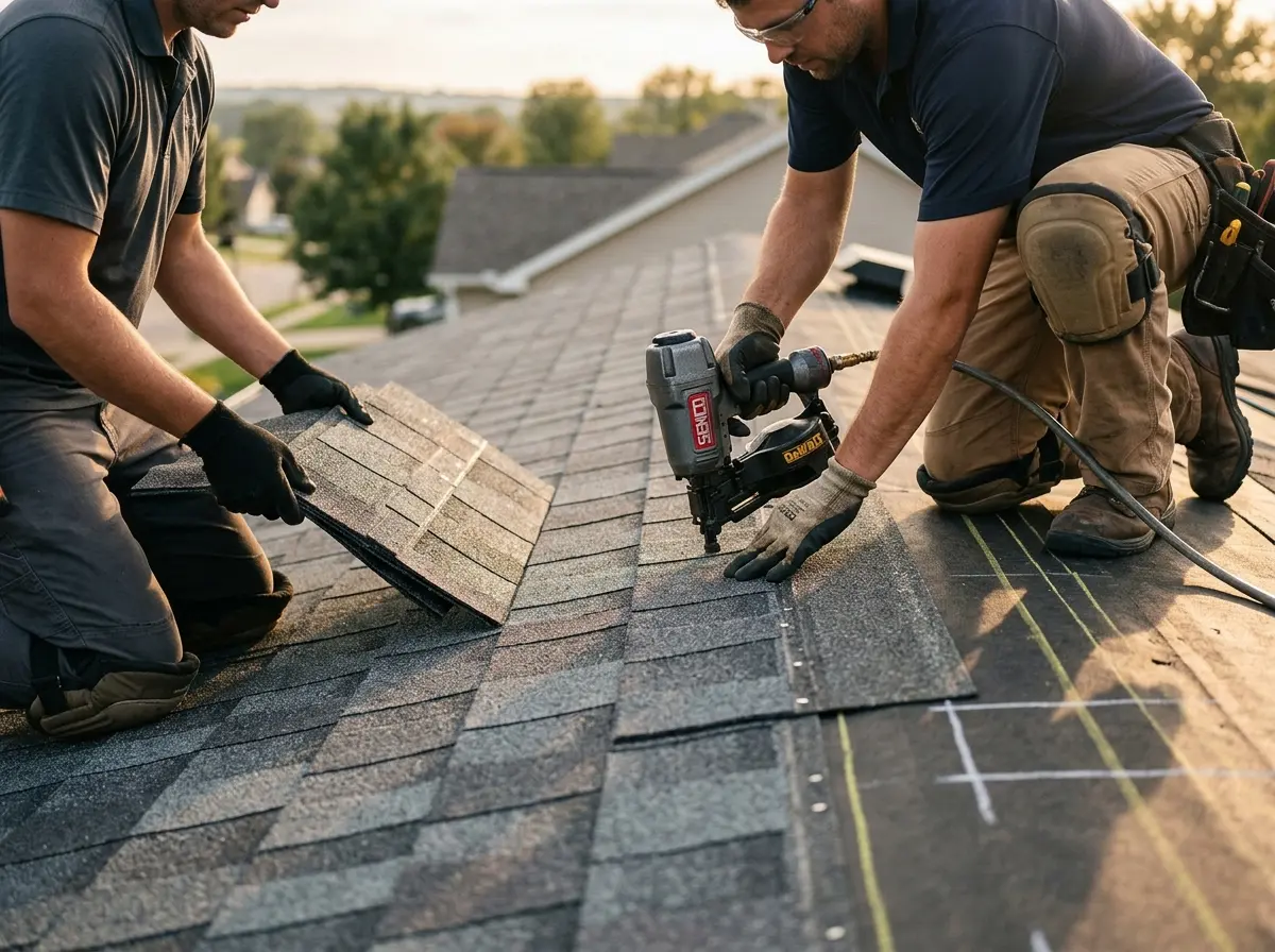 Professional roofer working on a residential roof in Marcellus